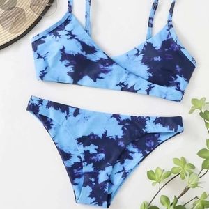 Shein blue tie-dye wrap top bikini swimsuit
